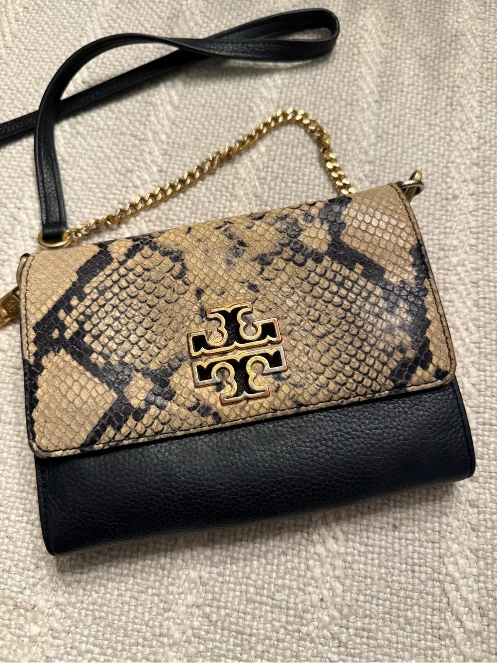 Tory Burch Snake-Print Crossbody with Black Trim and Gold Hardware